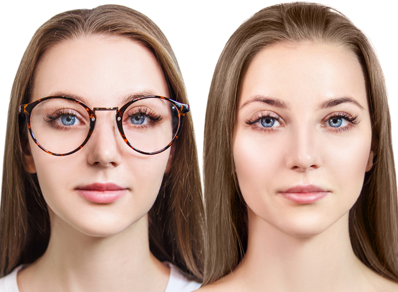 Young woman in glasses and witout glasses. Woman takes off glasses after eyes surgery.